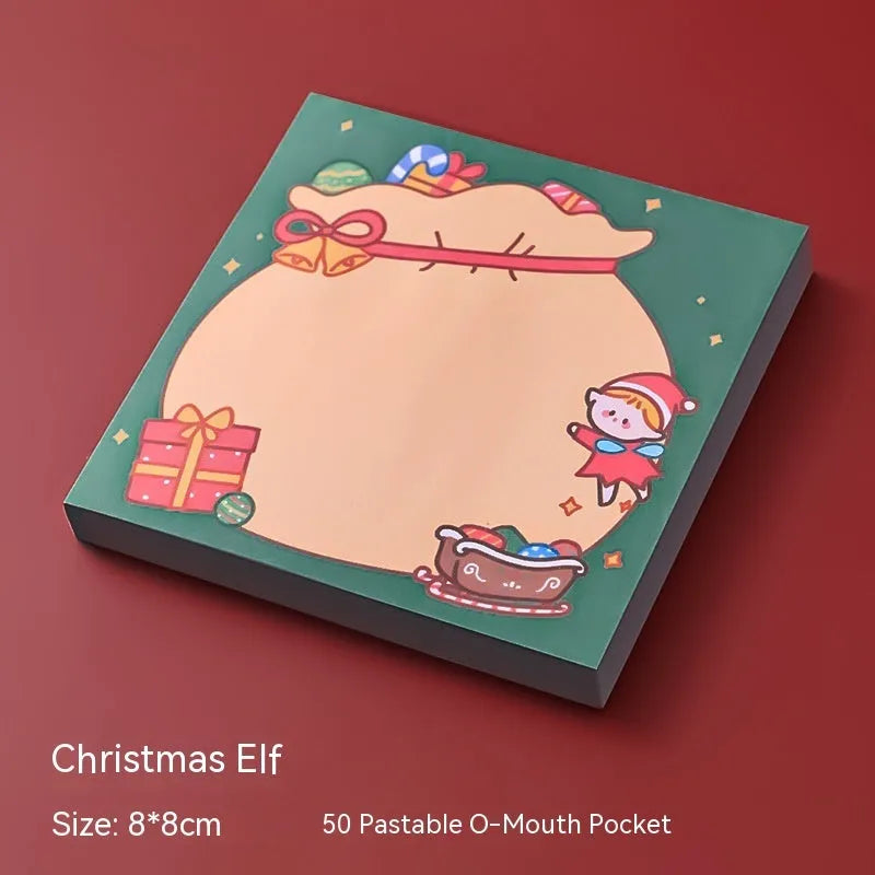 Christmas cartoon sticky notes stationery book with holiday designs including elf, gift, sled and Santa Claus