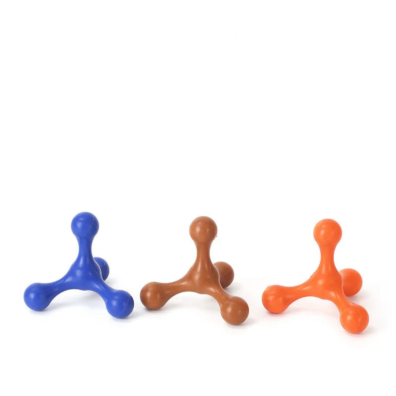 Blue silicone three-legged chew toy for puppy teething relief and dental cleaning
