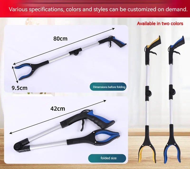 Foldable aluminium garbage clamp showing extended and folded positions with magnetic sucker and coloured handle options