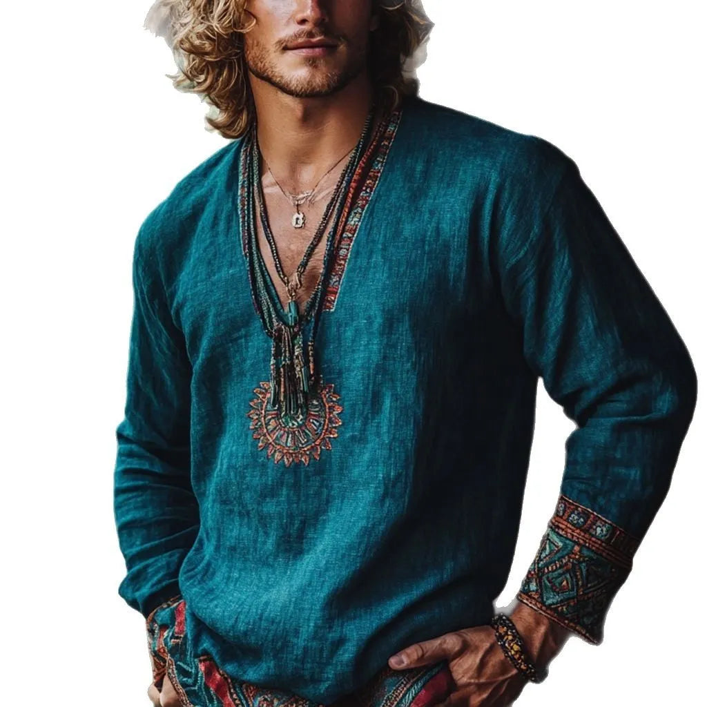 Vintage printed boho style long sleeve top in pullover design with European retro aesthetic