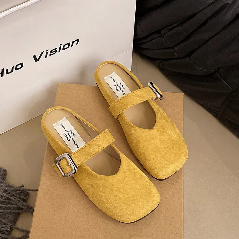 Women's flat closed toe half slippers in apricot colour with square toe and rubber sole