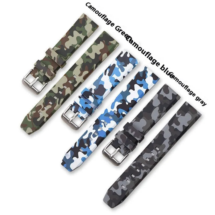 Green camouflage silicone watch strap with flat head lugs, shown next to blue and grey camouflage versions.