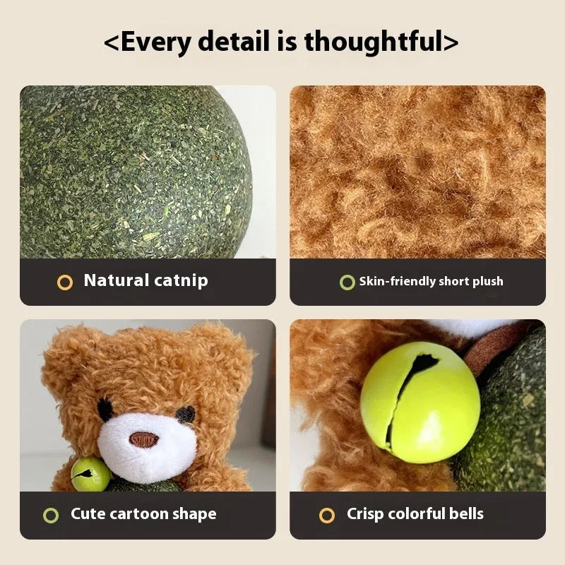 Plush catnip toy shaped as a character with bell, showing 15cm height with 4cm scent ball inside.