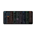 Large black office mouse mat with white printed calculator and keyboard shortcut keys diagram.