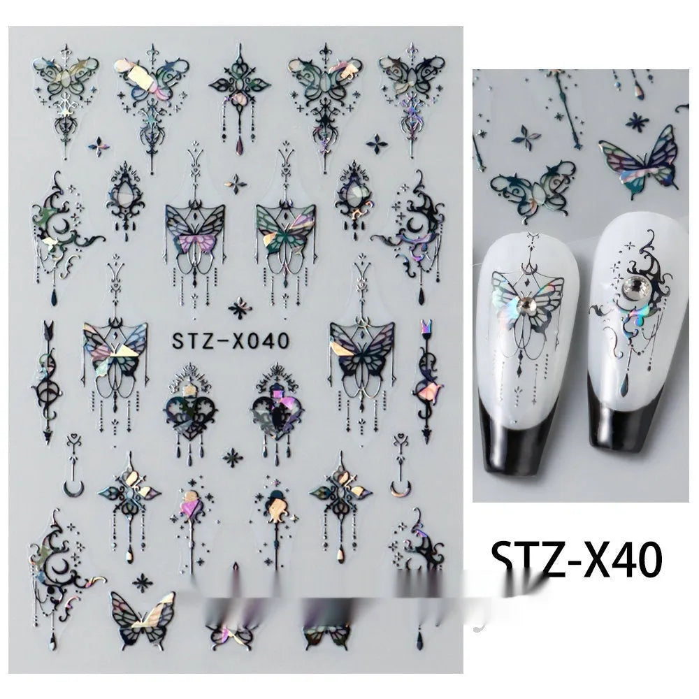 Sheet of black and silver stripe nail art stickers from a cartoon series for DIY manicures.