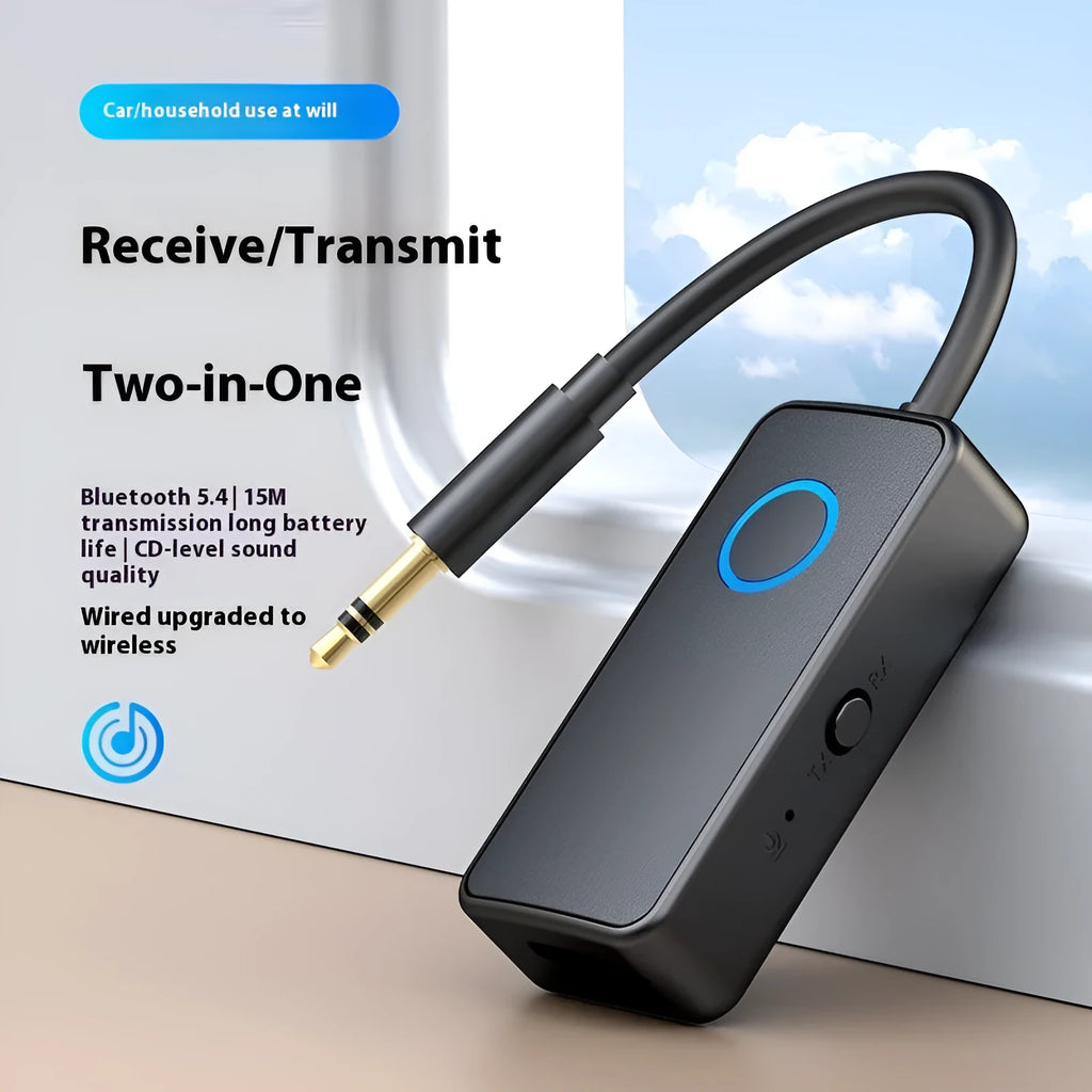 Black Bluetooth 5.4 audio adapter with flexible 3.5mm plug for wireless streaming to car stereos and headphones.