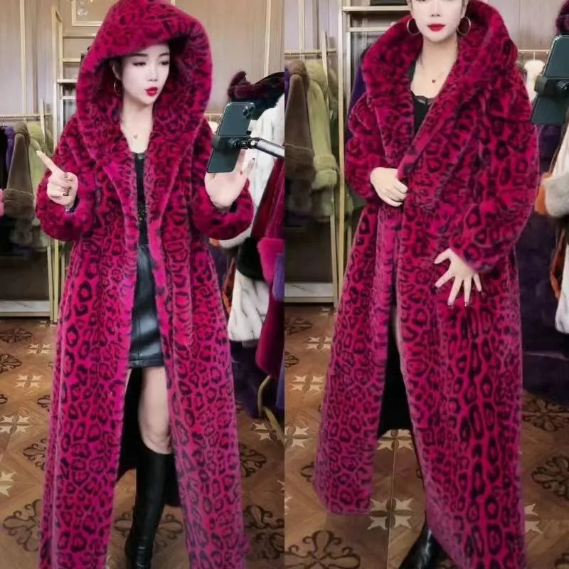 Women's plus size long faux fur coat in brown leopard print colour with 100cm length