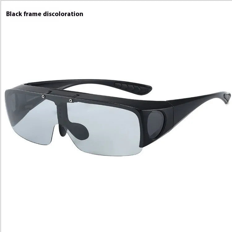 Polarised sunglasses with interchangeable lenses for myopia correction, suitable for cycling and outdoor sports.