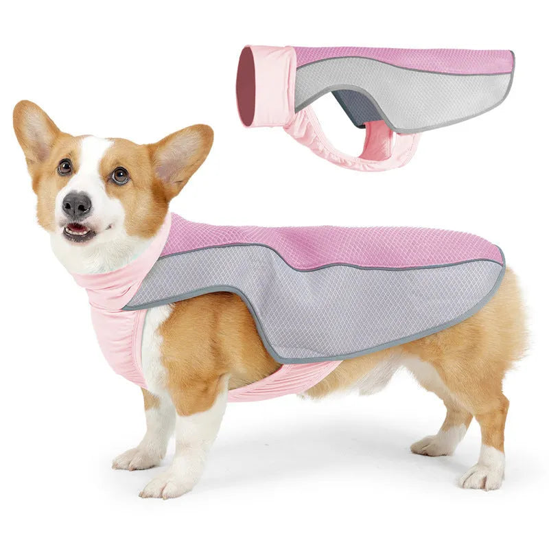 Light grey breathable polyester mesh cooling vest for a dog on a size chart showing S, M, L, XL measurements.