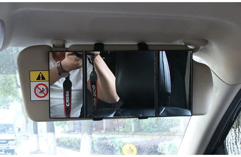 Silver car folding makeup mirror shown open at 30.5x14cm and folded at 15.5x14cm