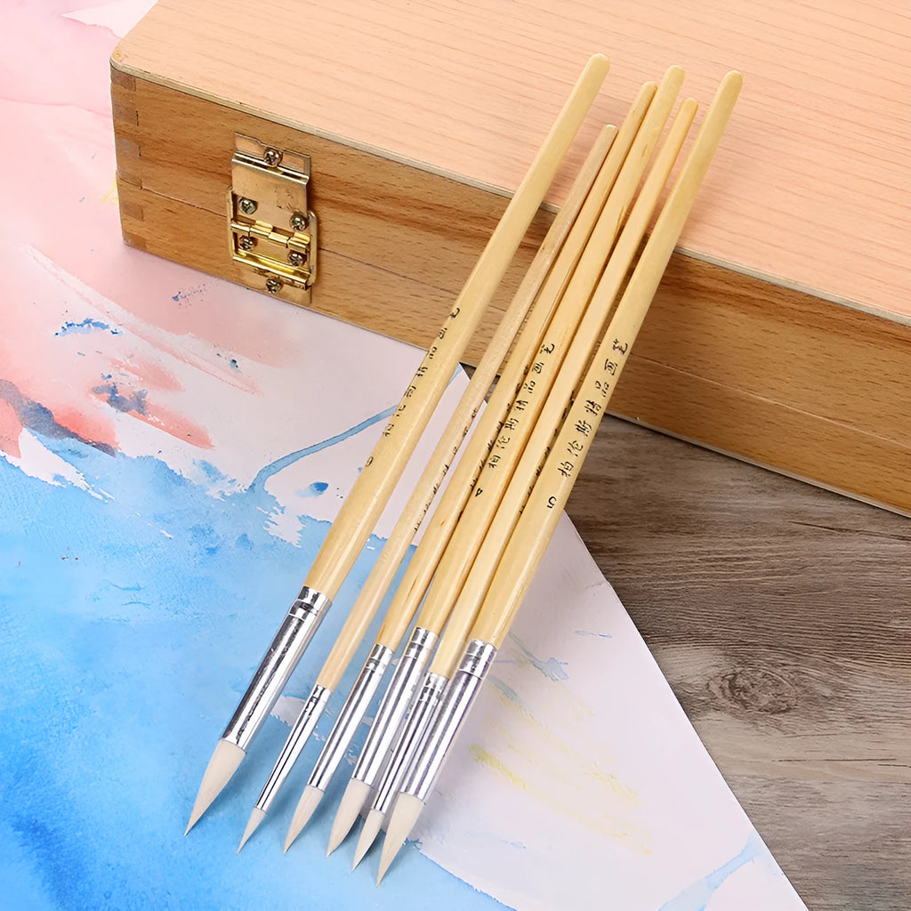 Set of six artistic wool pointed brushes with wooden handles for detailed painting