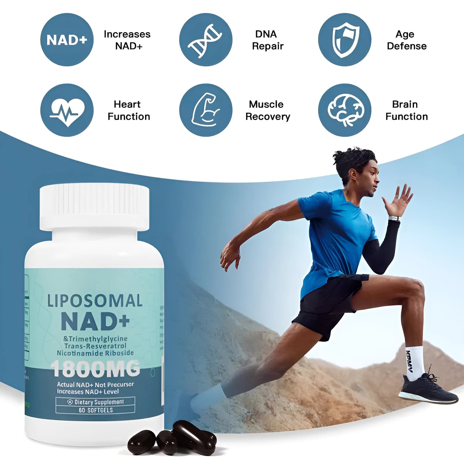 Bottle of Nicotinamide Mononucleotide NMN gel capsules supplement, 60 or 120 pieces.