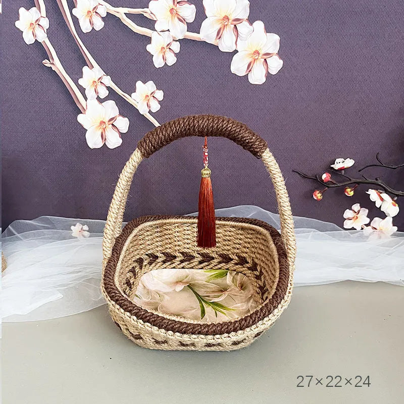 Natural straw hand-woven rustic retro basket in coffee brown, measuring 19cm by 12cm.