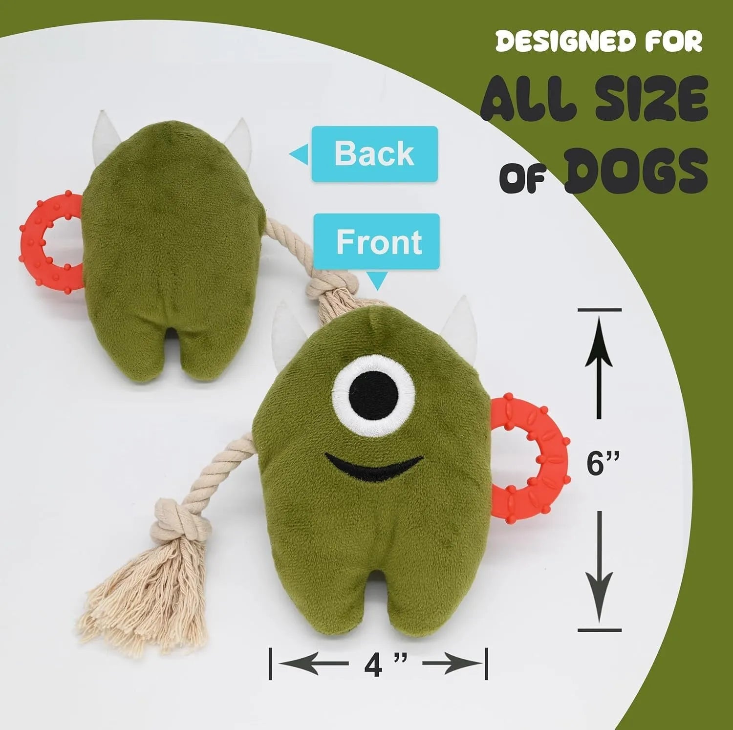 Large blue and green monster plush dog toy with integrated cotton rope sections for chewing and tug of war