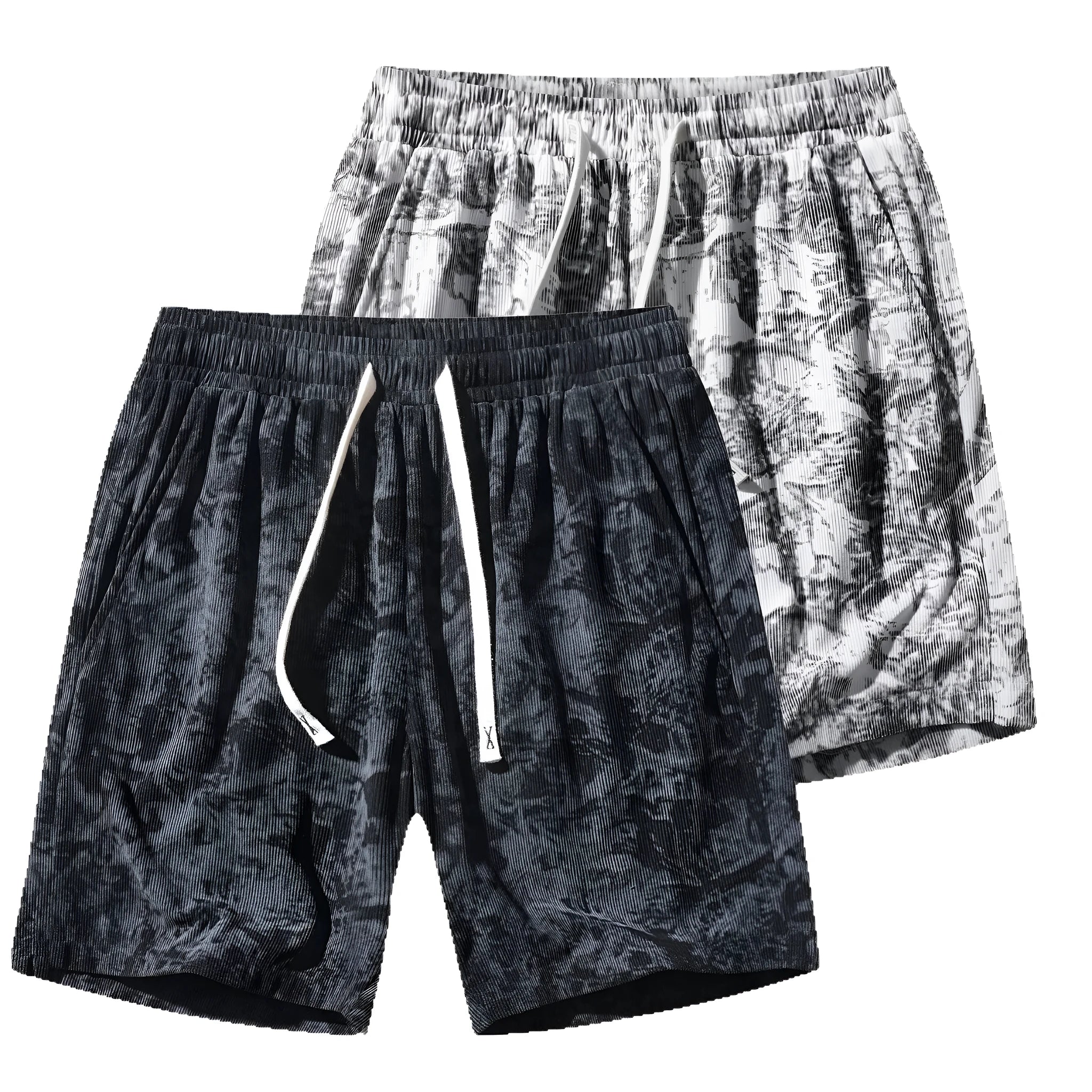Men's corduroy camouflage athletic shorts with high waist and straight leg.
