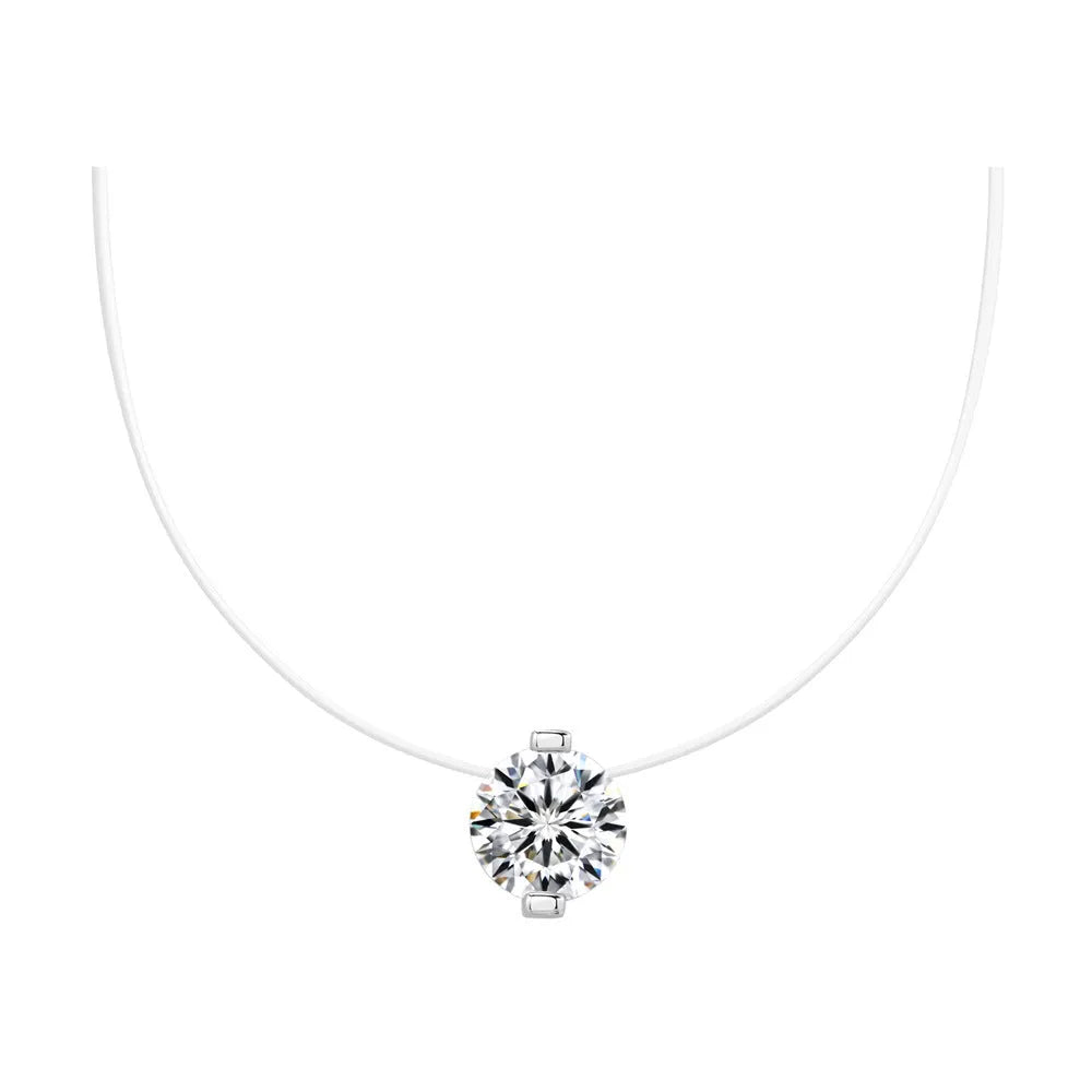 Women's silver clavicle chain necklace with a floating moissanite stone and plum blossom detail.