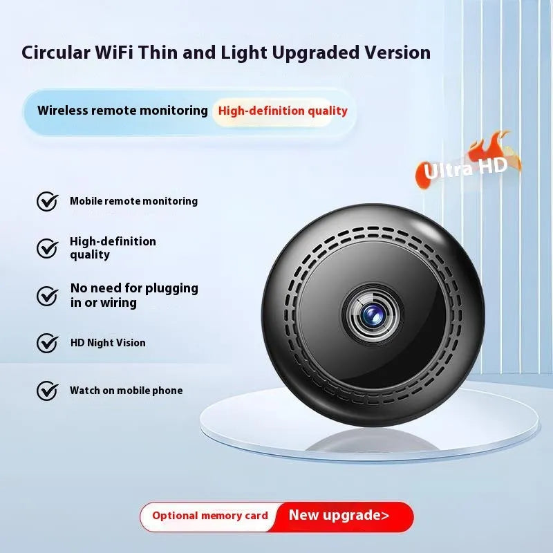 Wireless 360-degree rotating security camera on a stand with HD night vision.