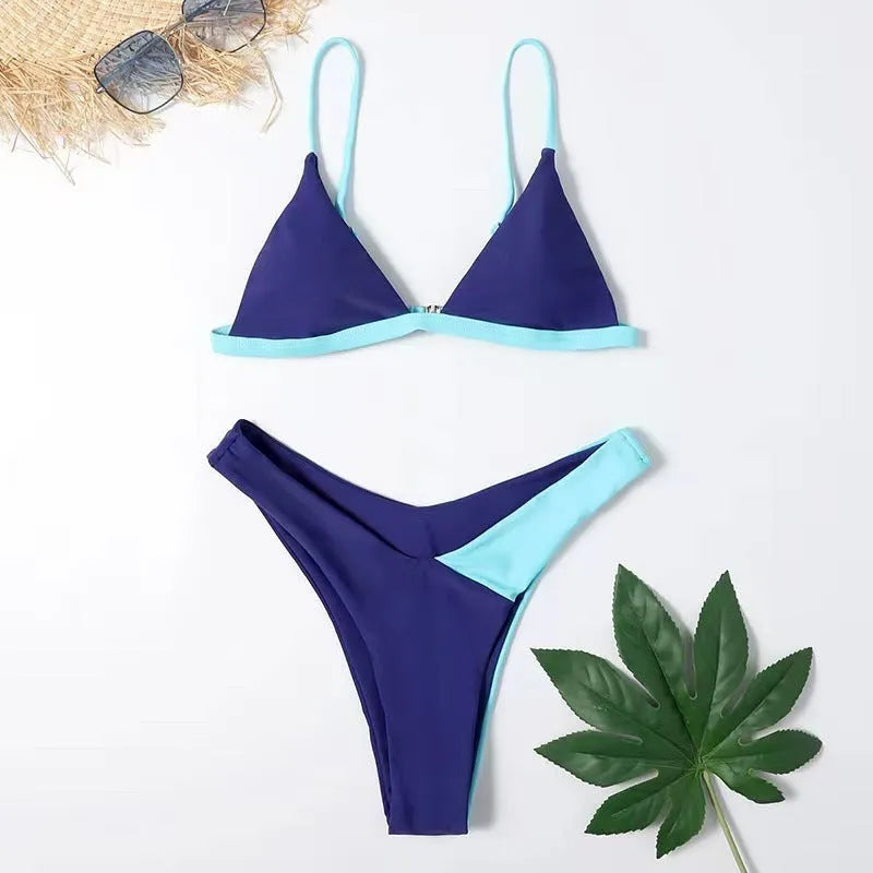 Women's two-piece nylon swimsuit briefs set in pattern design with bra top
