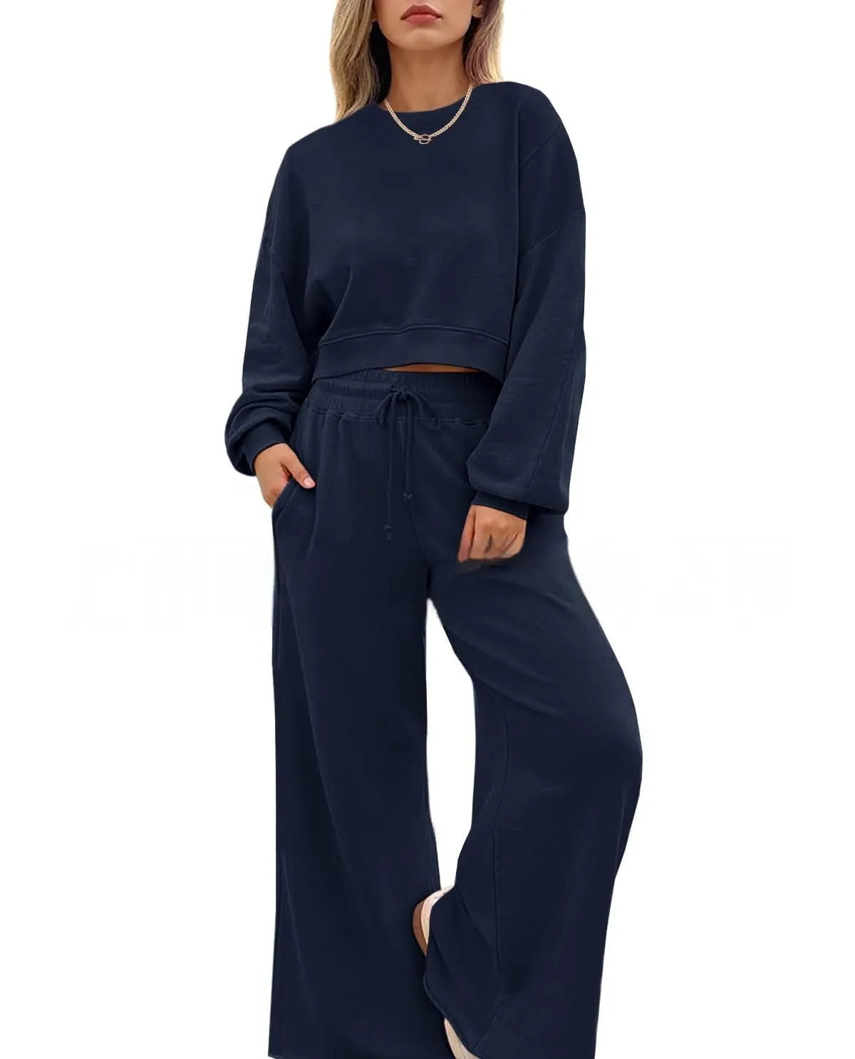 Women's solid colour polyester two-piece trousers set with street hipster styling
