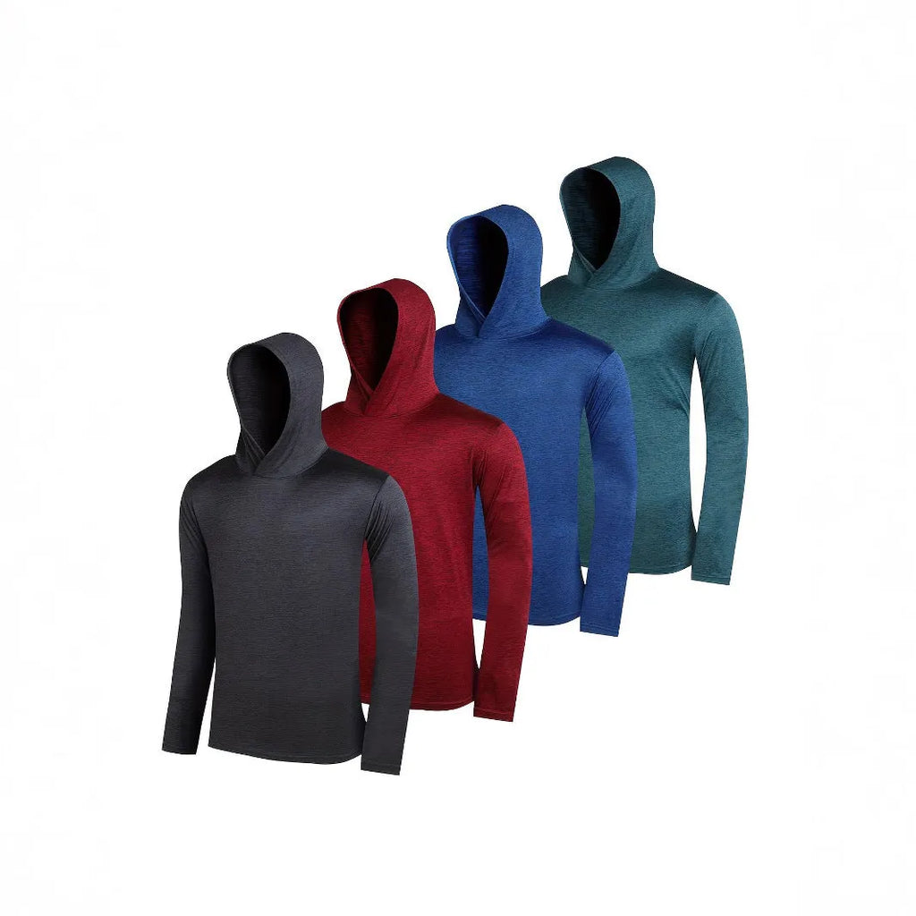 Pack of four men's lightweight hoodies in elastic polyester fibre, shown in various colours.