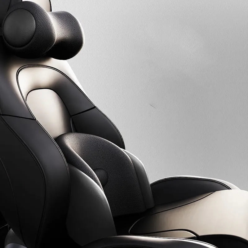 Modular car massage cushion with separate memory cotton headrest and lumbar support units in grey.