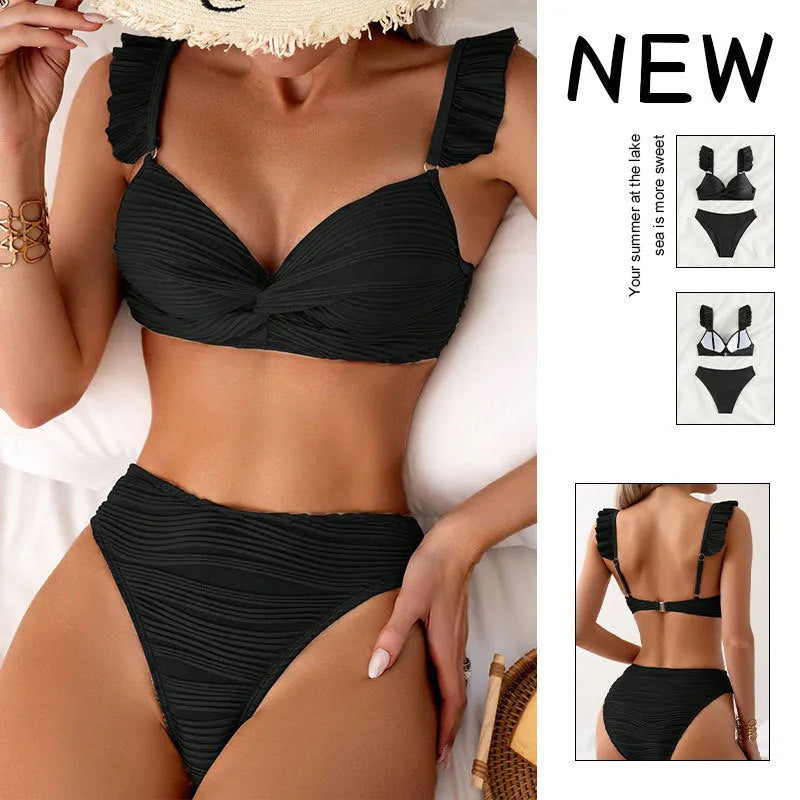 Solid black and khaki women's two-piece bikini swimsuit on hanger