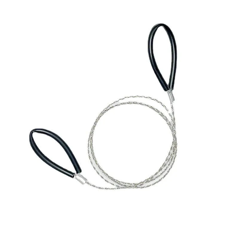 Black leather case containing stainless steel wire survival saw with red pull handles
