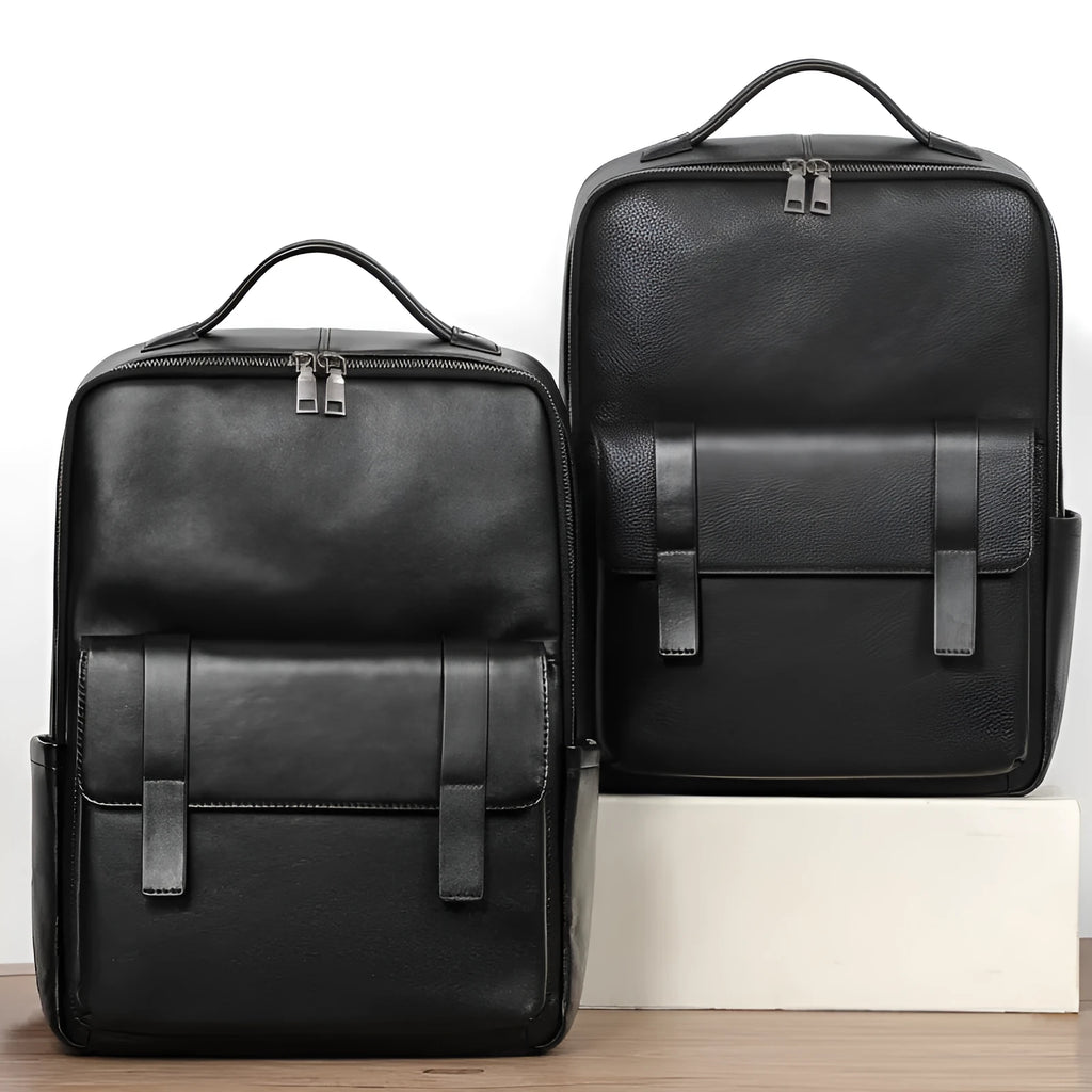 Black genuine leather men's computer backpack with woven details and ergonomic back plate