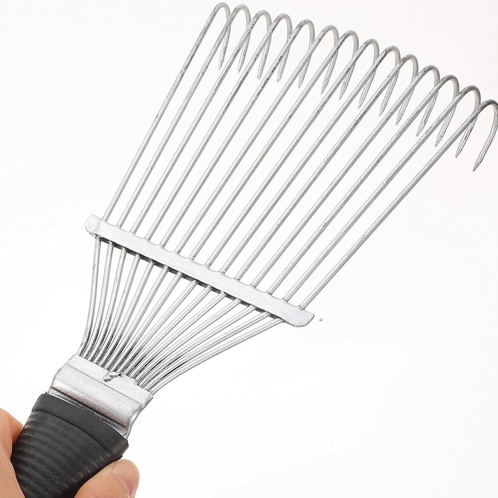 Black stainless steel dematting brush rake comb for pet and horse grooming, 33cm long.