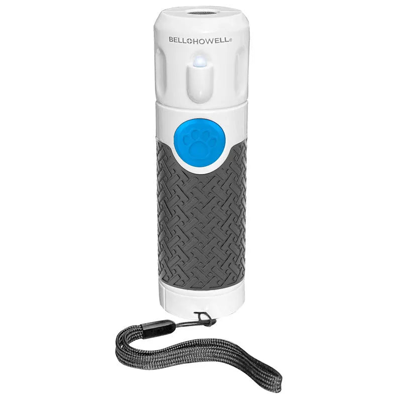 White handheld ultrasonic dog bark stop trainer on a plain background.