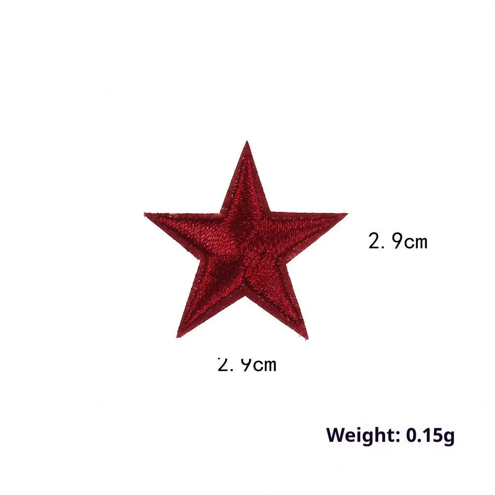 Colourful embroidered five-pointed star designs on cloth sticker labels for DIY clothing customisation.