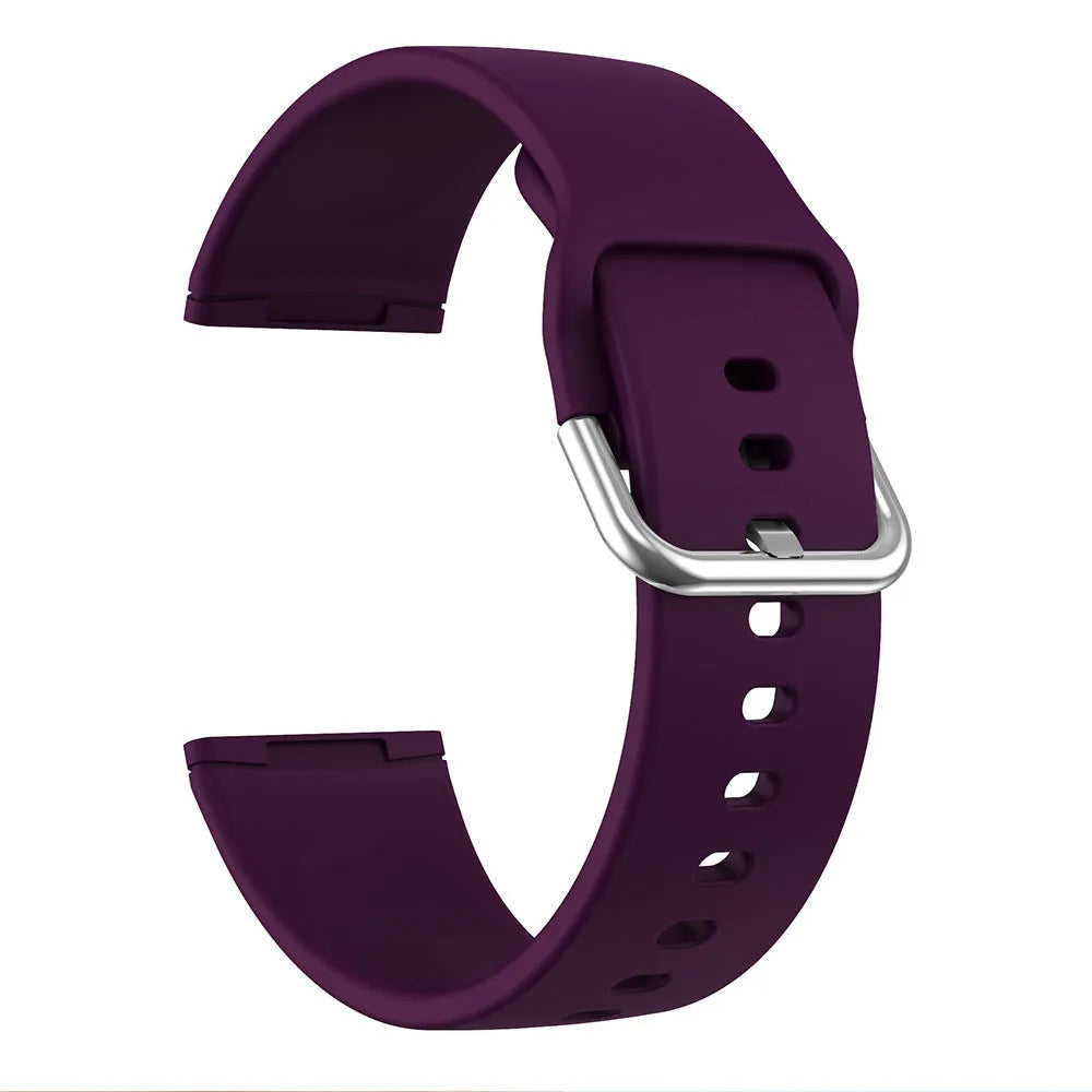 Silicone replacement strap with silver buckle for Fitbit Versa 3 and Sense 2 in a selection of solid colours.