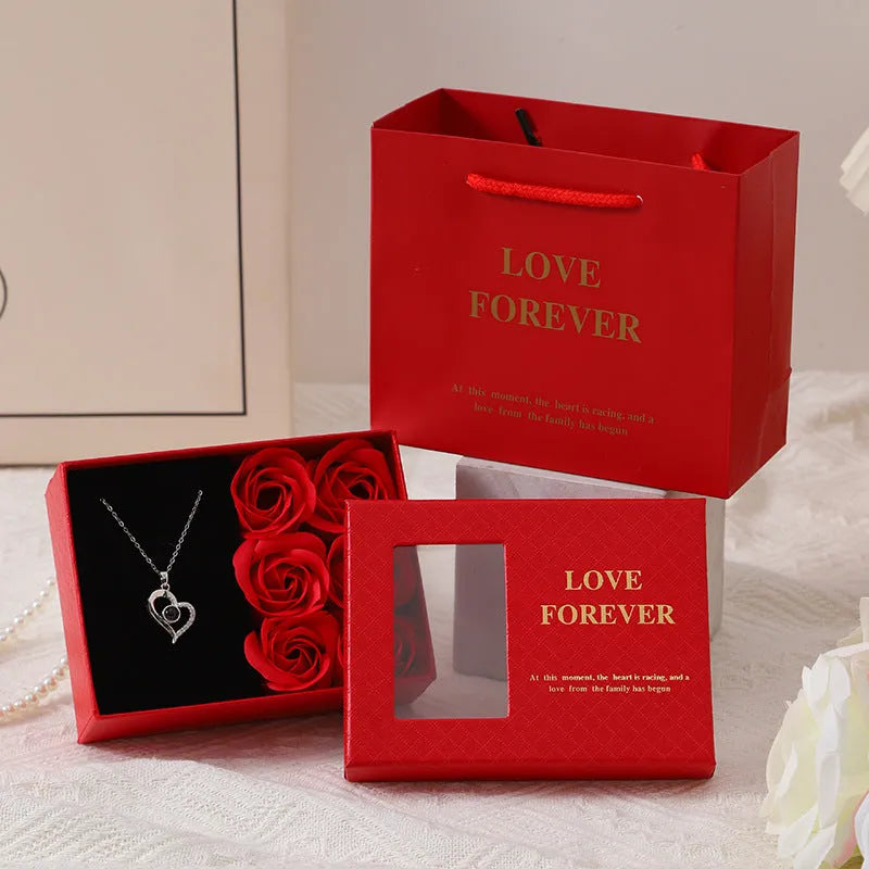 Korean style soap flower gift box set with six roses, presentation handbag, in red, pink, or black.