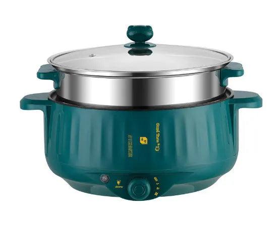 Non-stick electric hot pot with integrated heating element in stainless steel body, available in multiple sizes