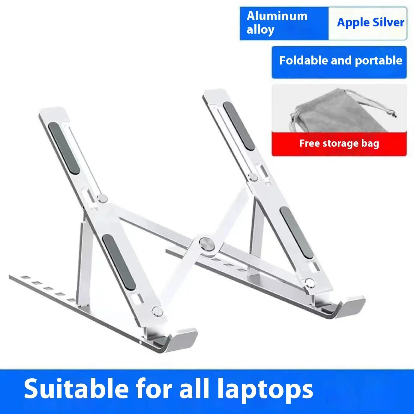 Silver aluminum alloy folding laptop stand supporting a large 18 inch notebook on a desk