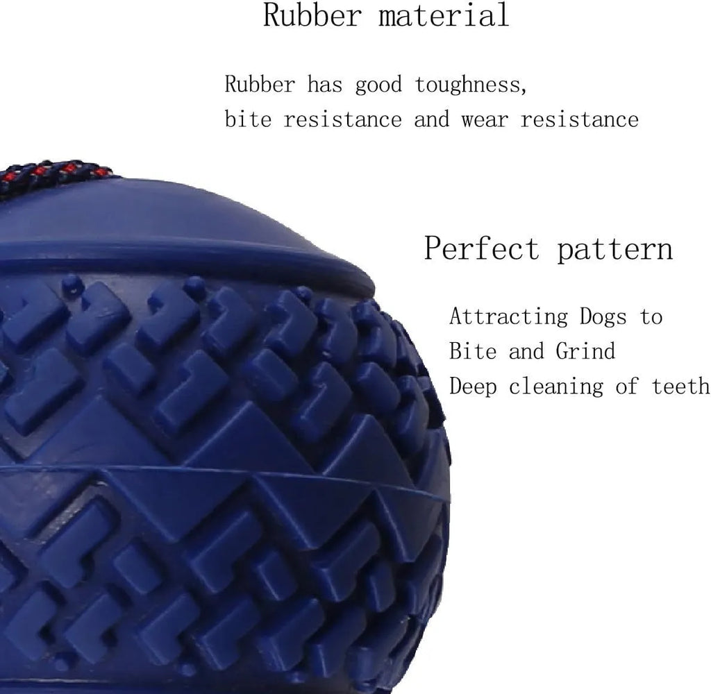 Natural rubber dog ball with rope toy in blue or red featuring textured surface for teeth cleaning