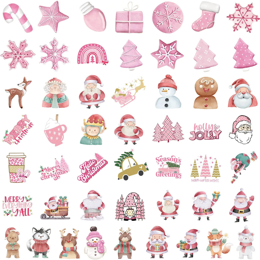 Pack of 50 cute Christmas themed waterproof stickers in sizes from 4cm to 8cm.