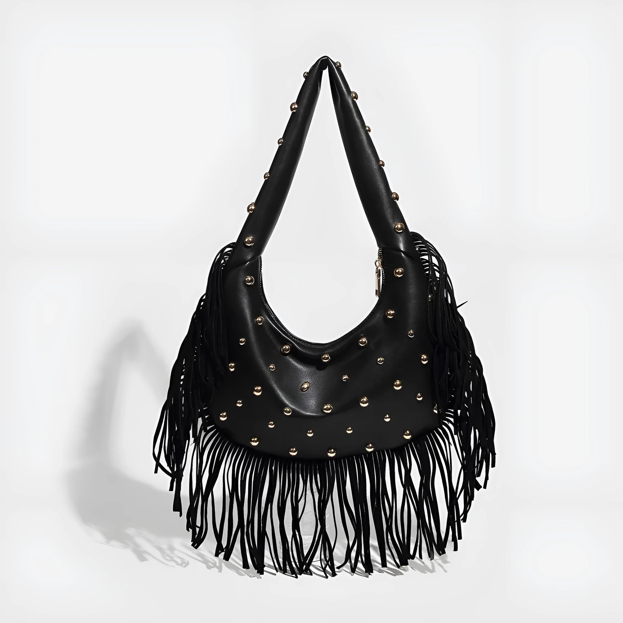 Retro tassel shoulder handbag in black or wine red showing integrated phone compartment and structured design
