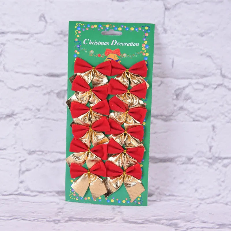 Single 5 cm polyester Christmas decoration bow in a choice of gold, red, red-gold, or silver colours.