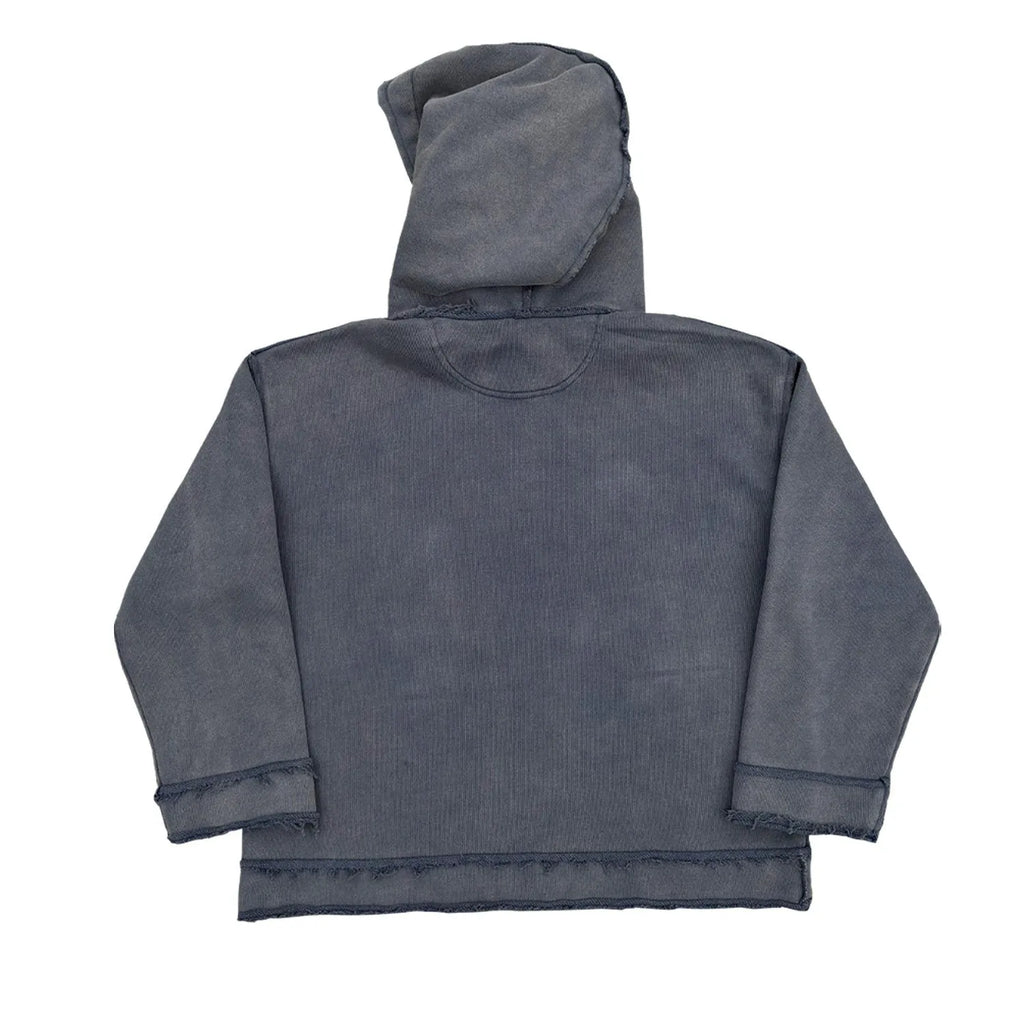 Dark blue hoodie sweater with long sleeves and heavyweight fleece lining on hanger