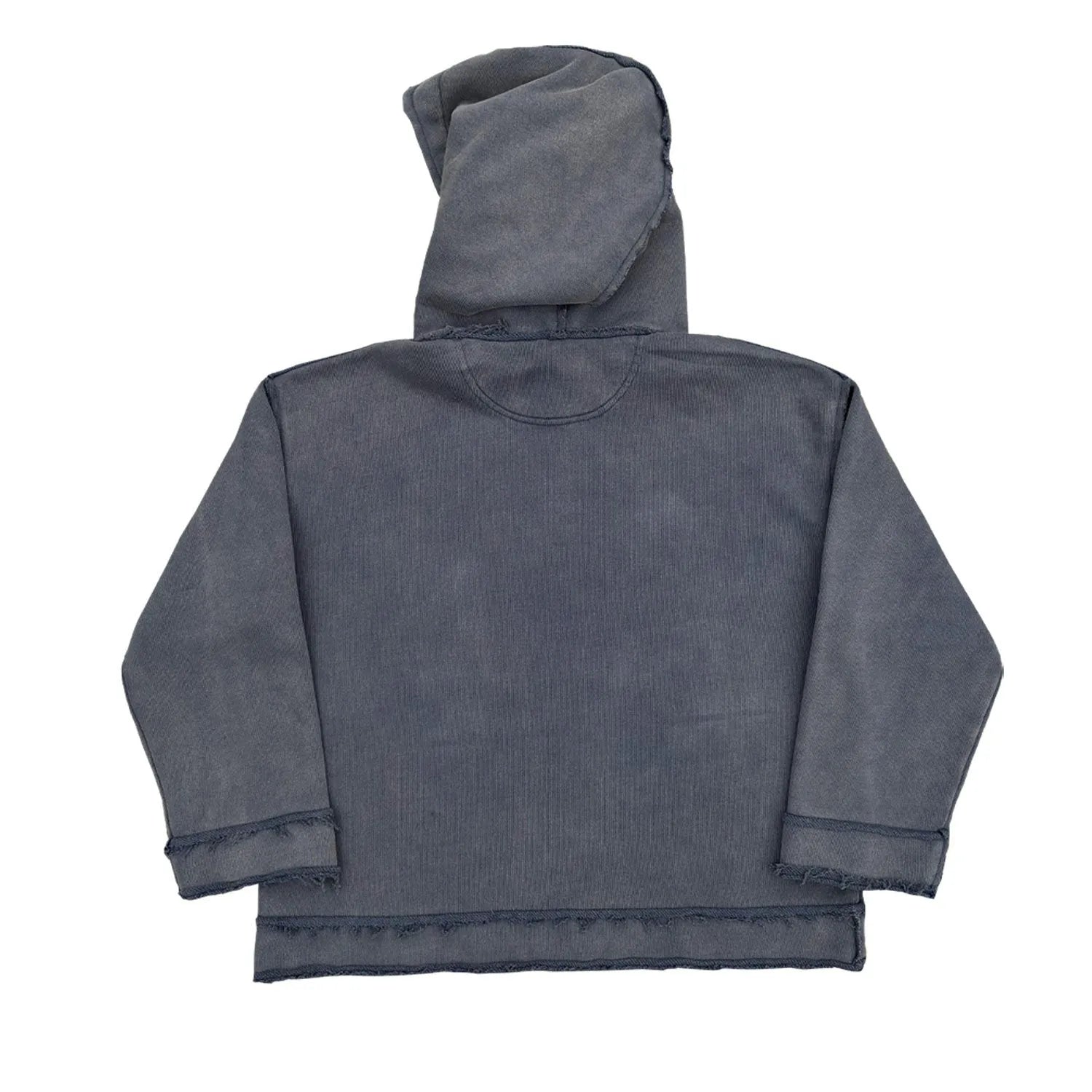 Dark blue hoodie sweater with long sleeves and heavyweight fleece lining on hanger