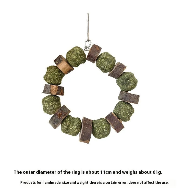 Hamster chew toy featuring straw ball ring design in colourful sequin or natural applewood finish