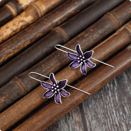 Purple flower-shaped retro earrings with alloy construction and electroplated finish