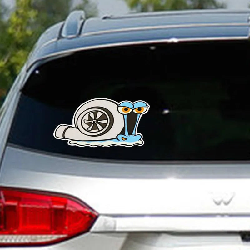 Reflective car bumper sticker with cartoon snail pattern measuring 12 by 8 centimetres