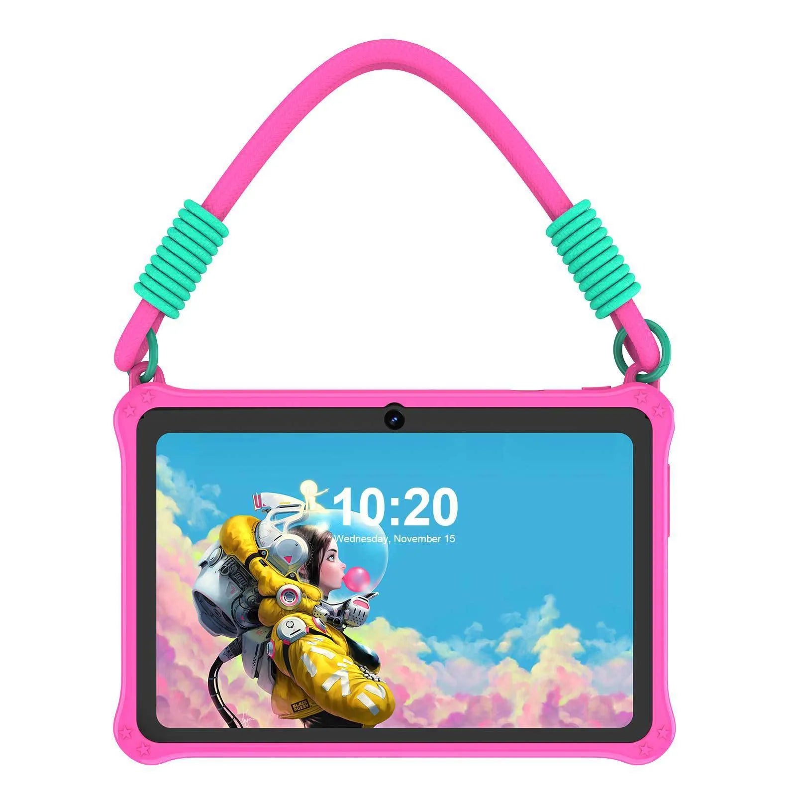 Sapphire blue silicone protective case with flat strap for a 7-inch children's tablet.