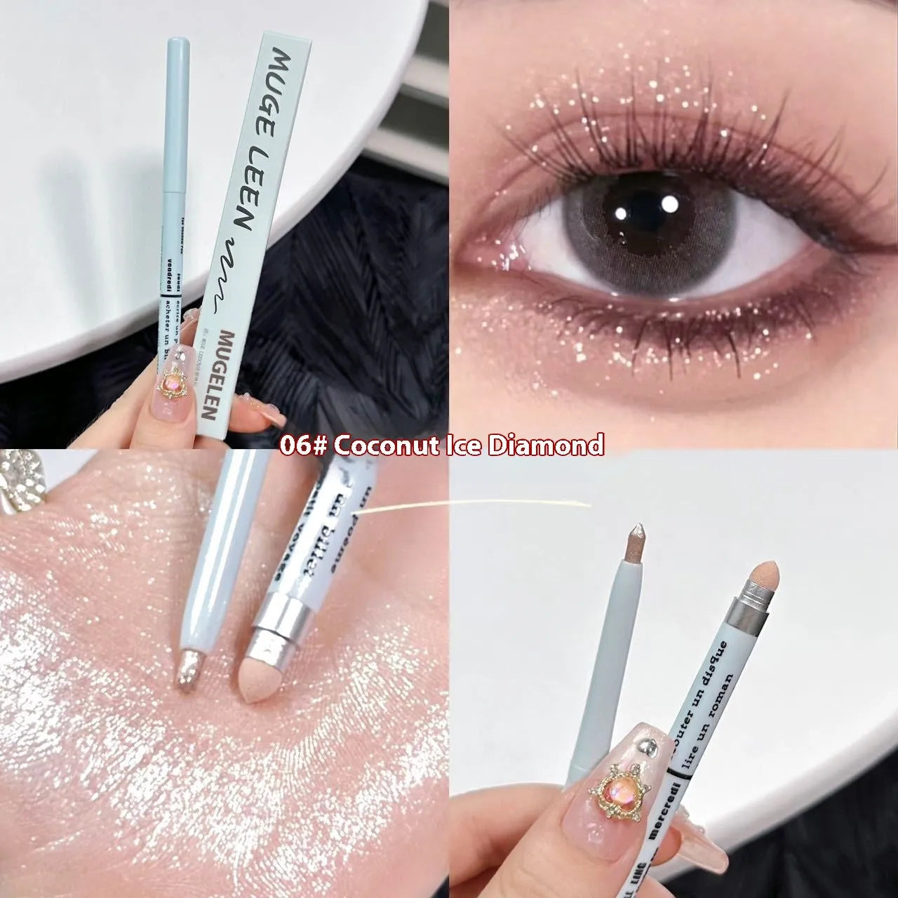 Waterproof non-smudge eye shadow pen in gold and purple shades for highlighting and brightening.