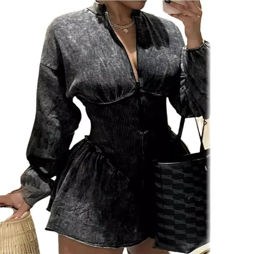 Grey women's A-line dress with drawstring waist, slim fit, and digital print.