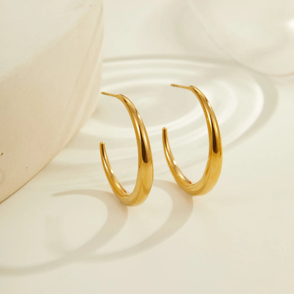 Titanium steel hoop earrings with geometric round shape in gold and steel colour options