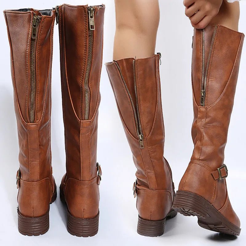 Women's knight boots high boots with square heel and belt buckle detail in artificial PU material