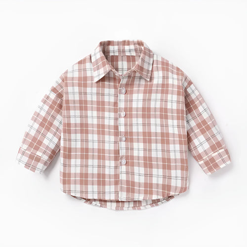 Boys' cotton lattice shirt with animal cartoon pattern in light blue, showing long sleeves and casual style.